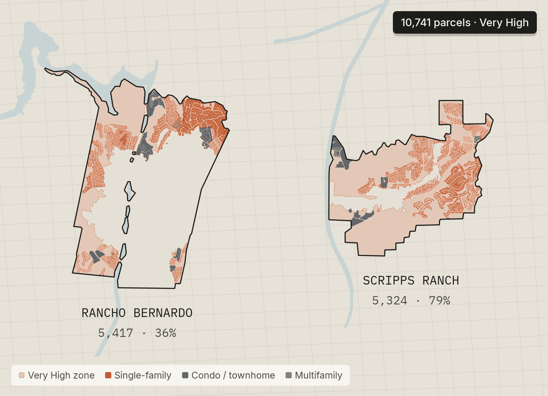 Map of Rancho Bernardo and Scripps Ranch: 10,741 residential parcels in CAL FIRE Very High zones, 5,417 (36%) in Rancho Bernardo and 5,324 (79%) in Scripps Ranch.